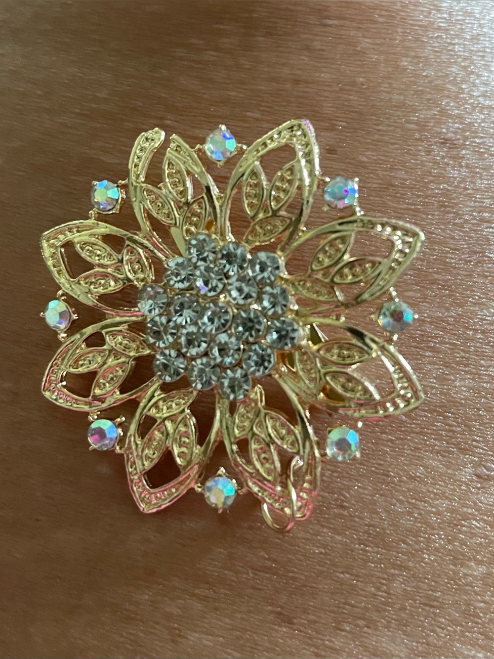 Gold Floral Crystal Brooch - Unbranded